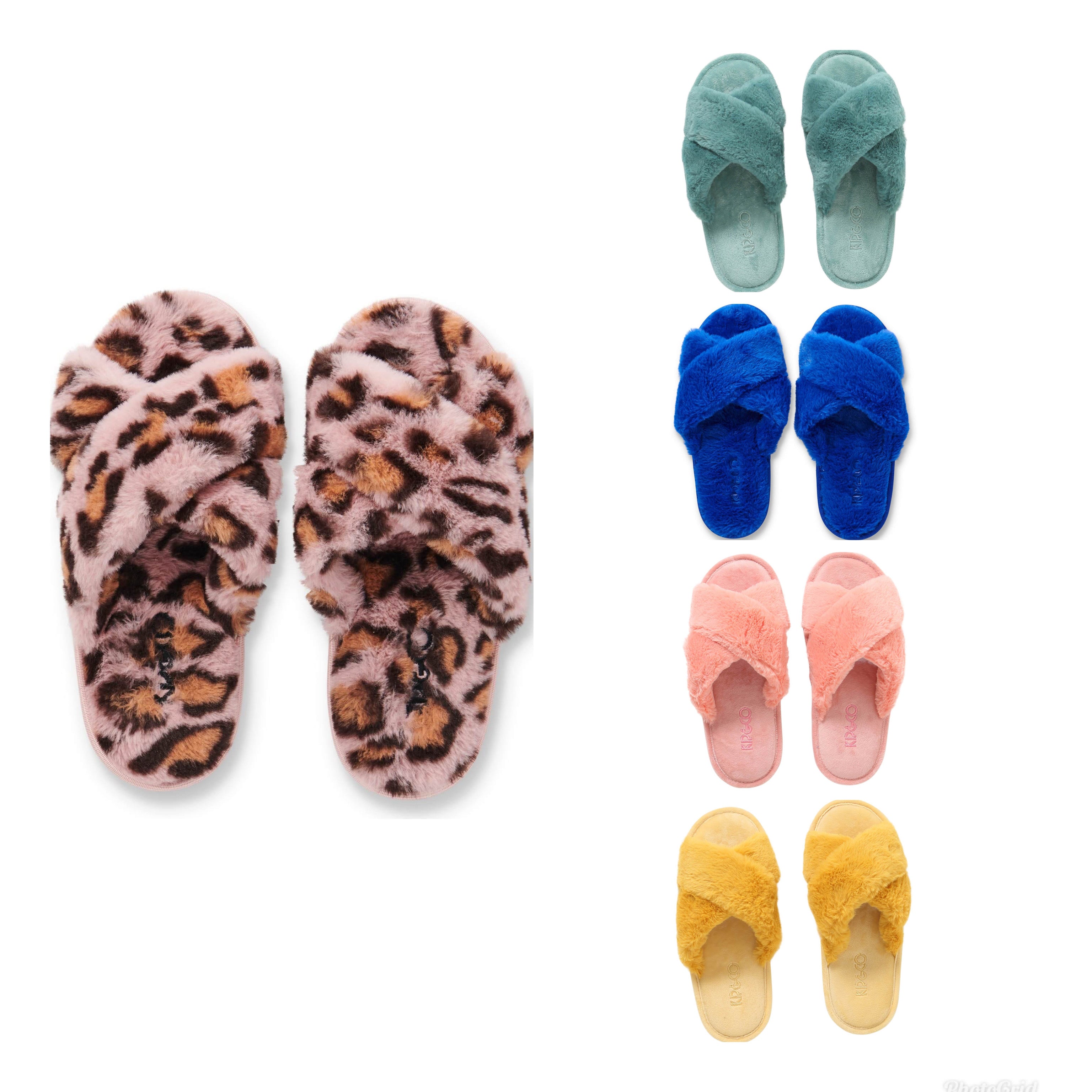 KIP AND CO SLIPPERS PINK LEOPARD BLUE YELLOW JADE BLUSH COLOUR OPTIONS| THE HOME MAVEN